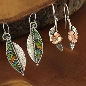 Boho Silver Rose Gold & Shell Leaf Earrings